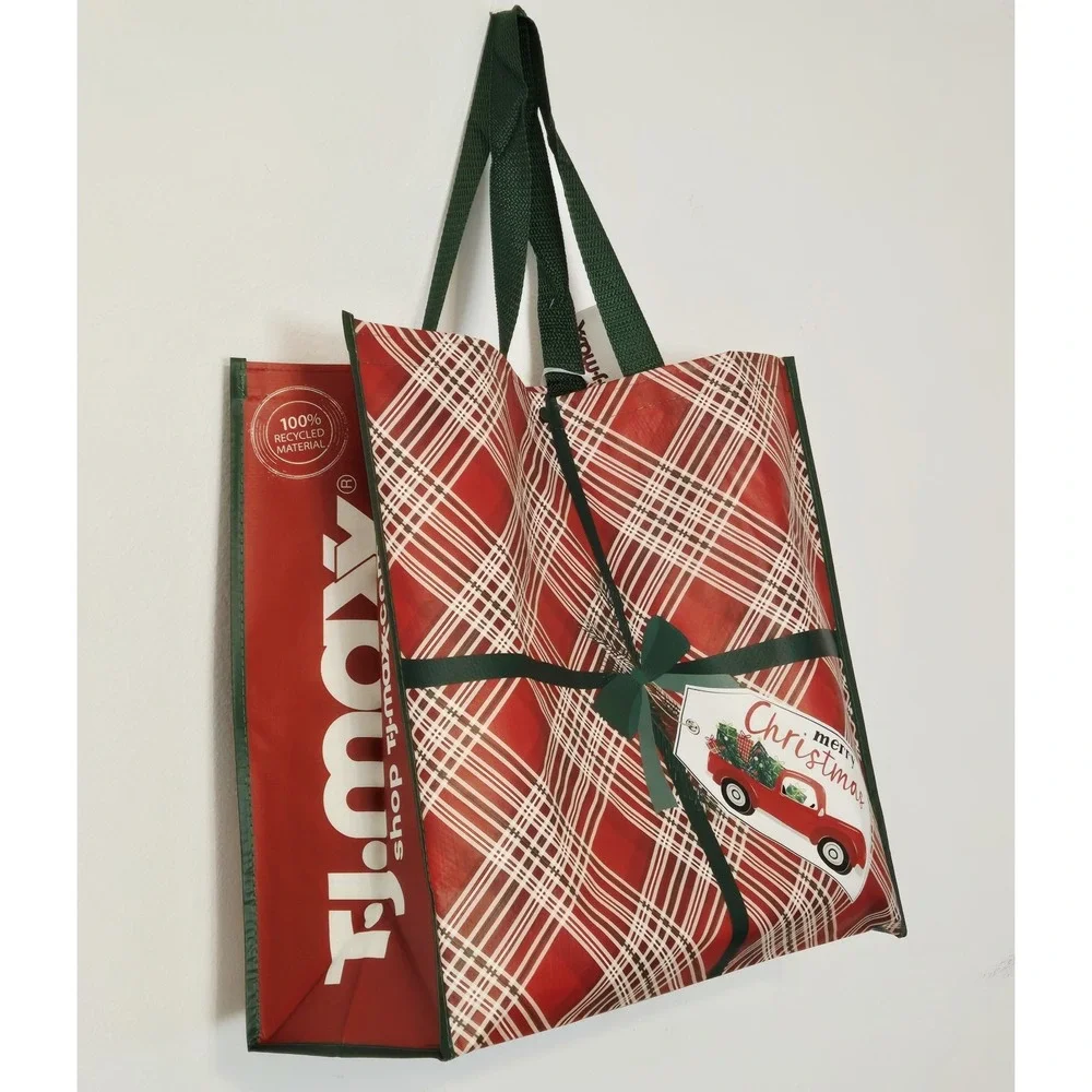 Christmas Tag Plaid Red Truck Presents Tree Gifts Green Bow TJMaxx Tote Bag Gift